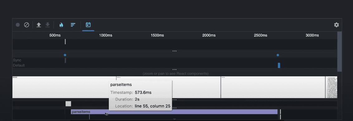 The timeline captures parseItems outside React